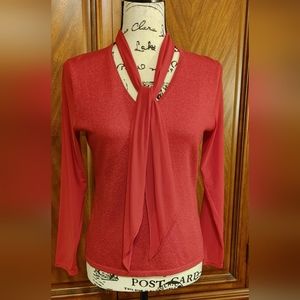 Petite Sophisticate red sparkling sweater with sheer sleeves